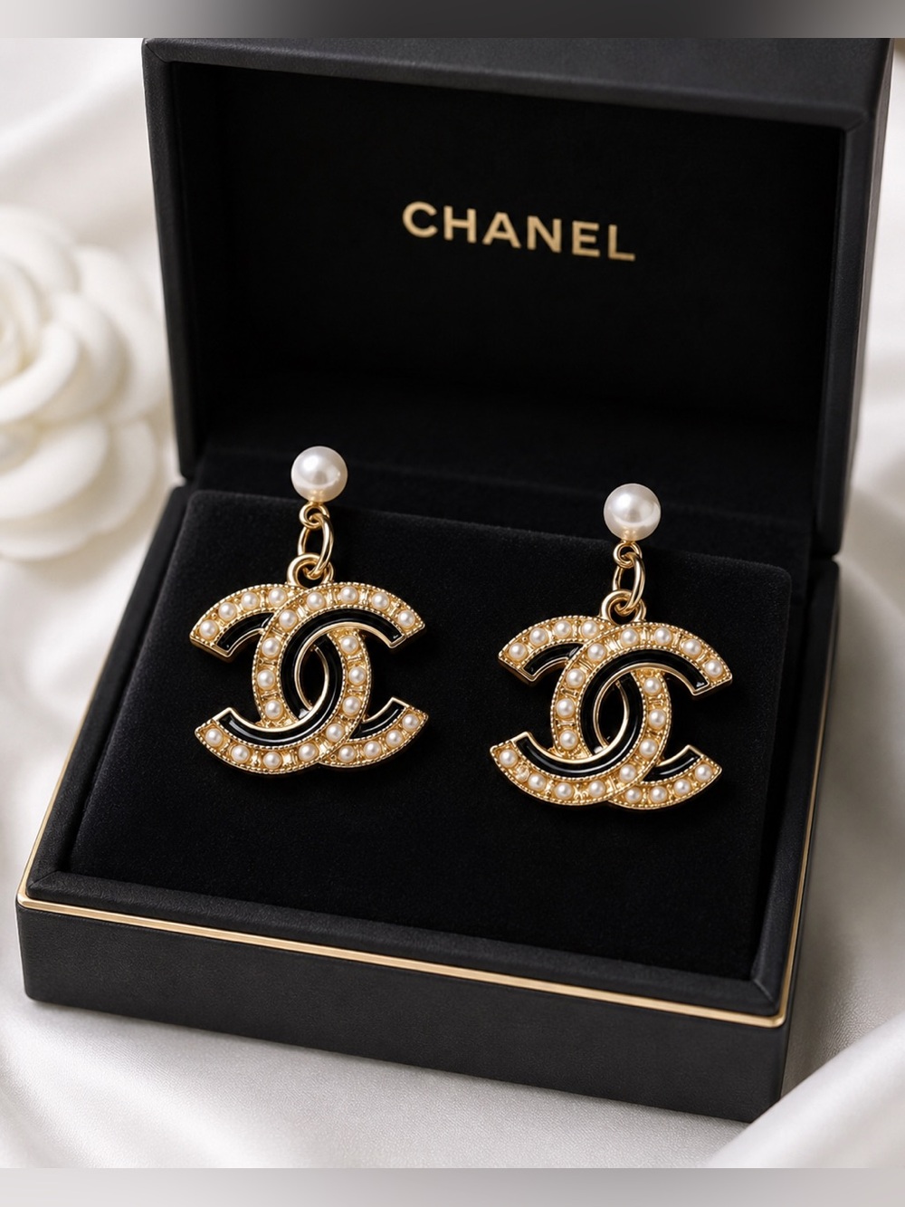 CHANEL Gold and White Pearl CC Drop Earrings